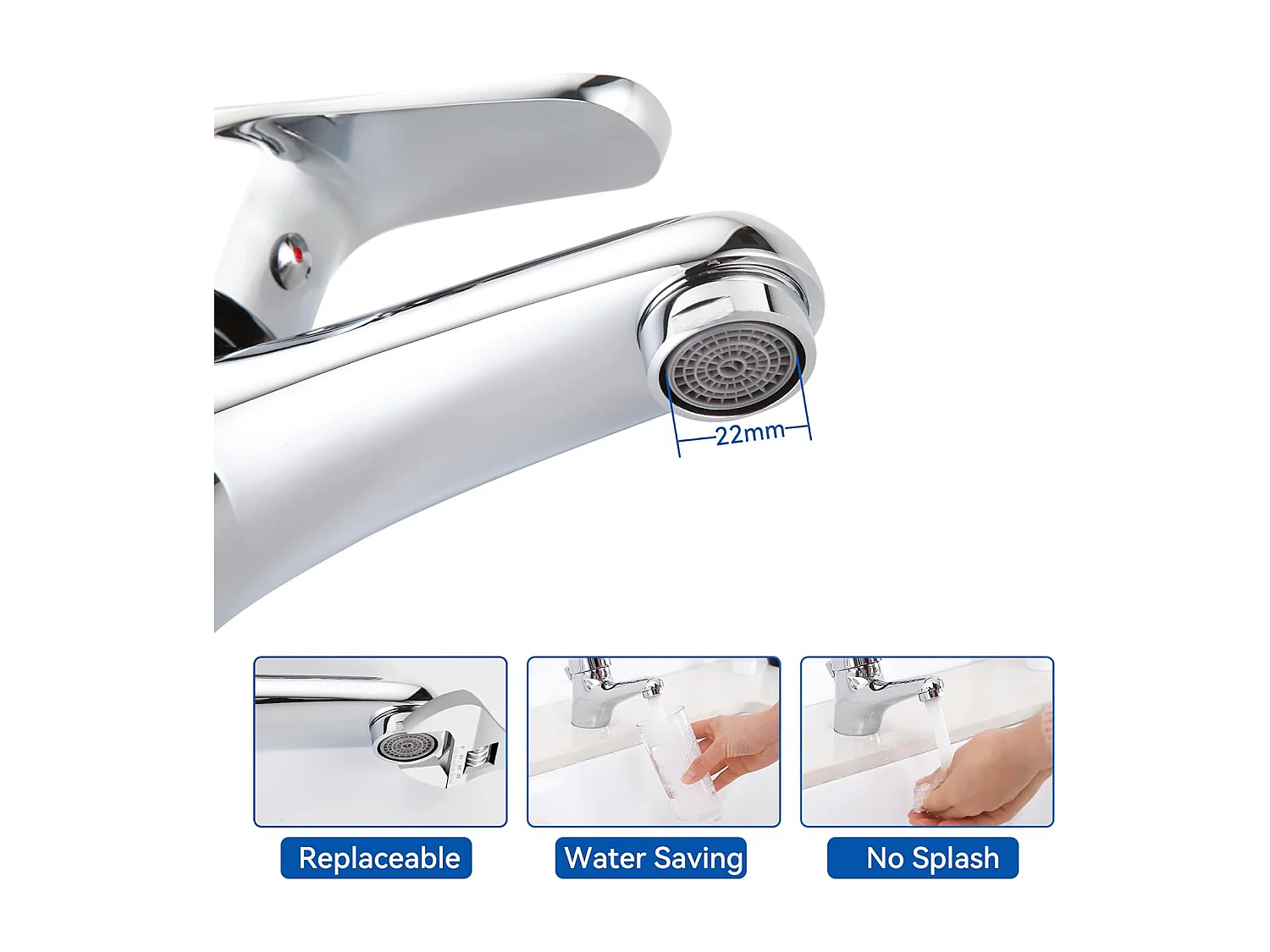 AuraLum Max Mezclador Lavabo MonotRou con Tirador de Drenaje, Desagüe Incluido, Grifo de Baño Cromado Grifo de Latón Espumante Desmontable,Modelo UE