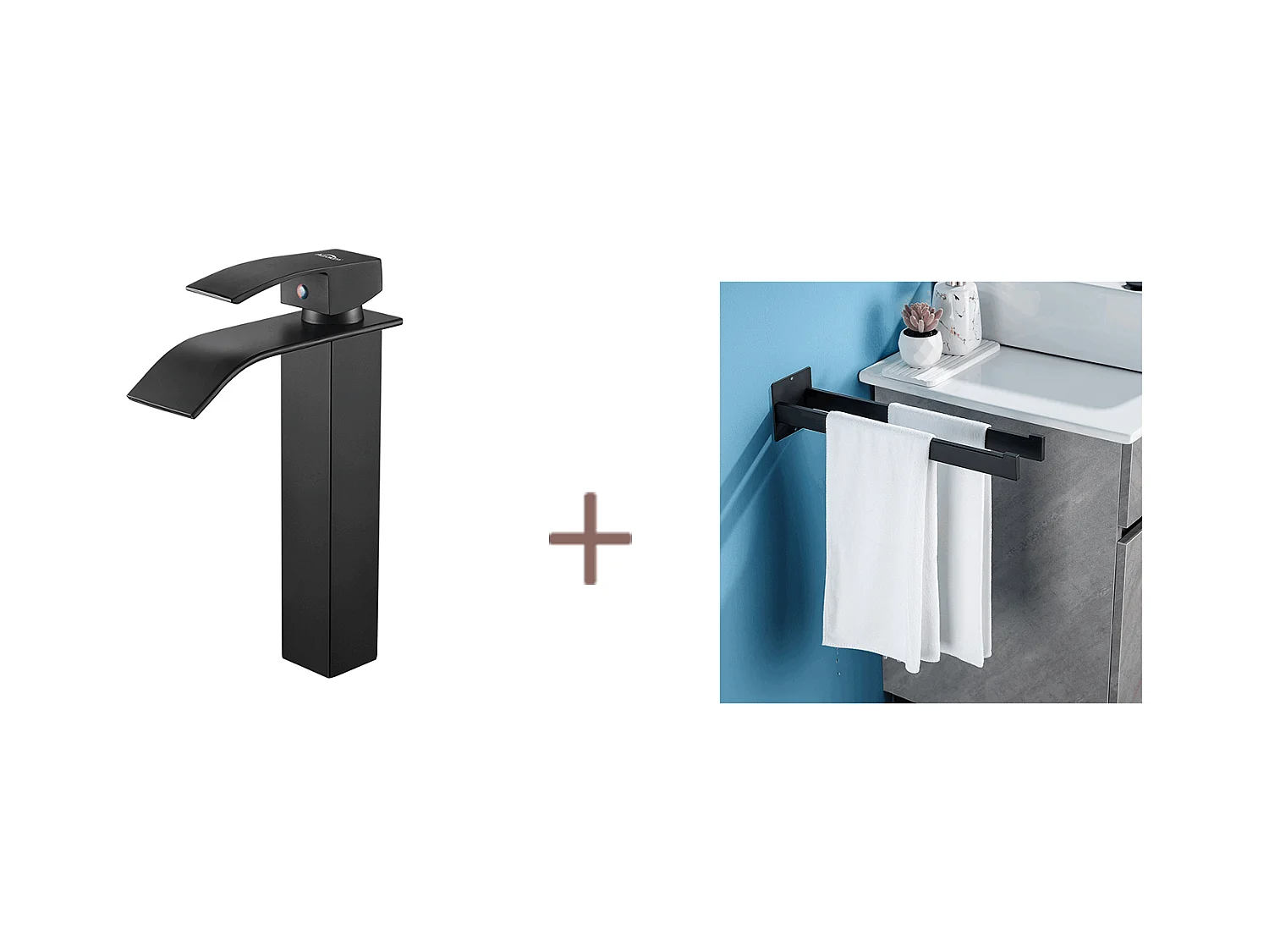 Auralum max Wastafelmengkraan Waterval Zwart + Handdoekhouder Badkamer Zelfklevend/Boren, Handdoekstangen, Roestvrij Staal, Zwart, 40 CM