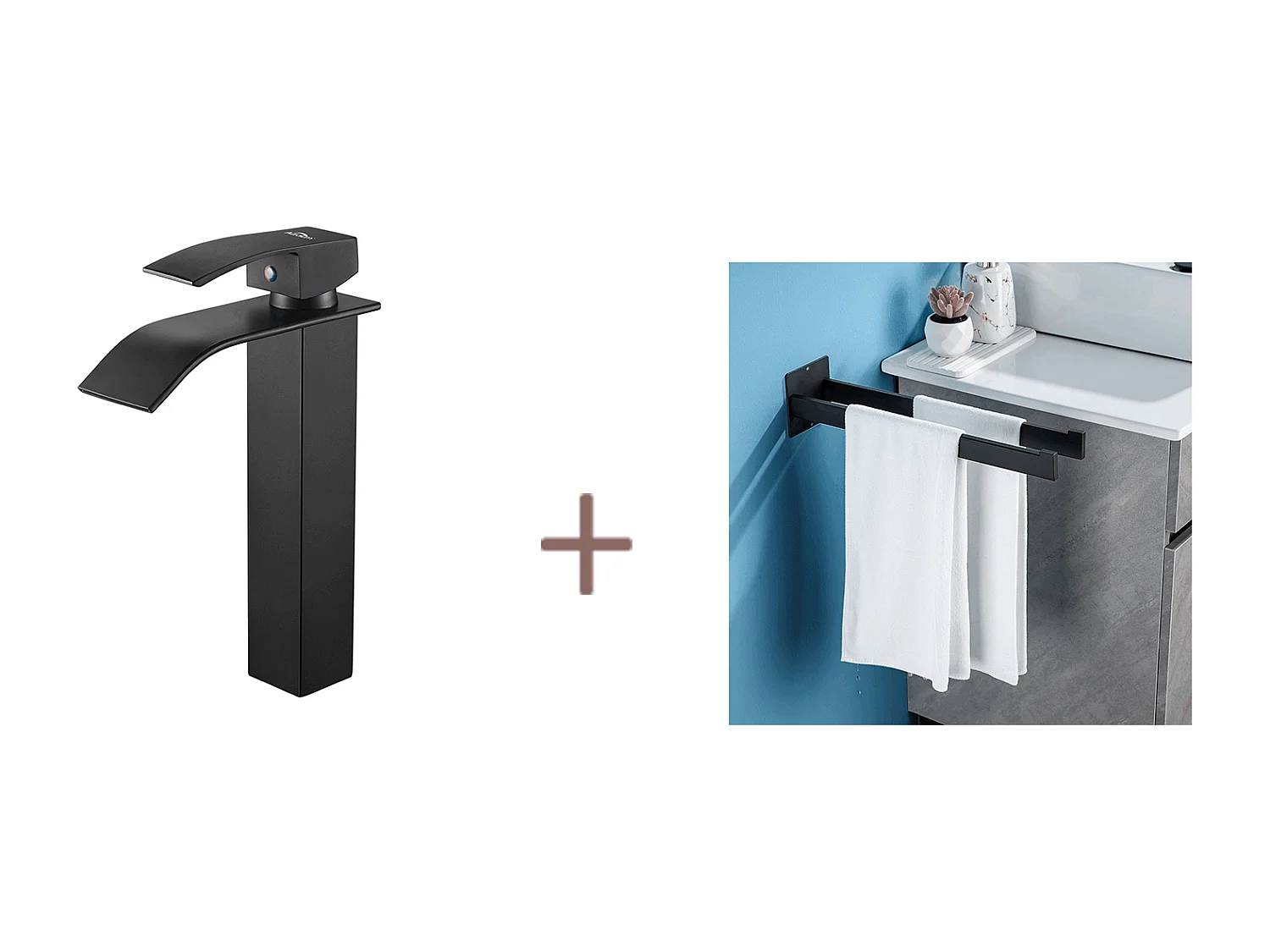 Auralum max Mitigeur Robinet de Lavabo Cascade Noir +Porte Serviette Salle Bain Adhésif/Perçage,Barres Porte Serviettes,en Inox,Noir,40 CM