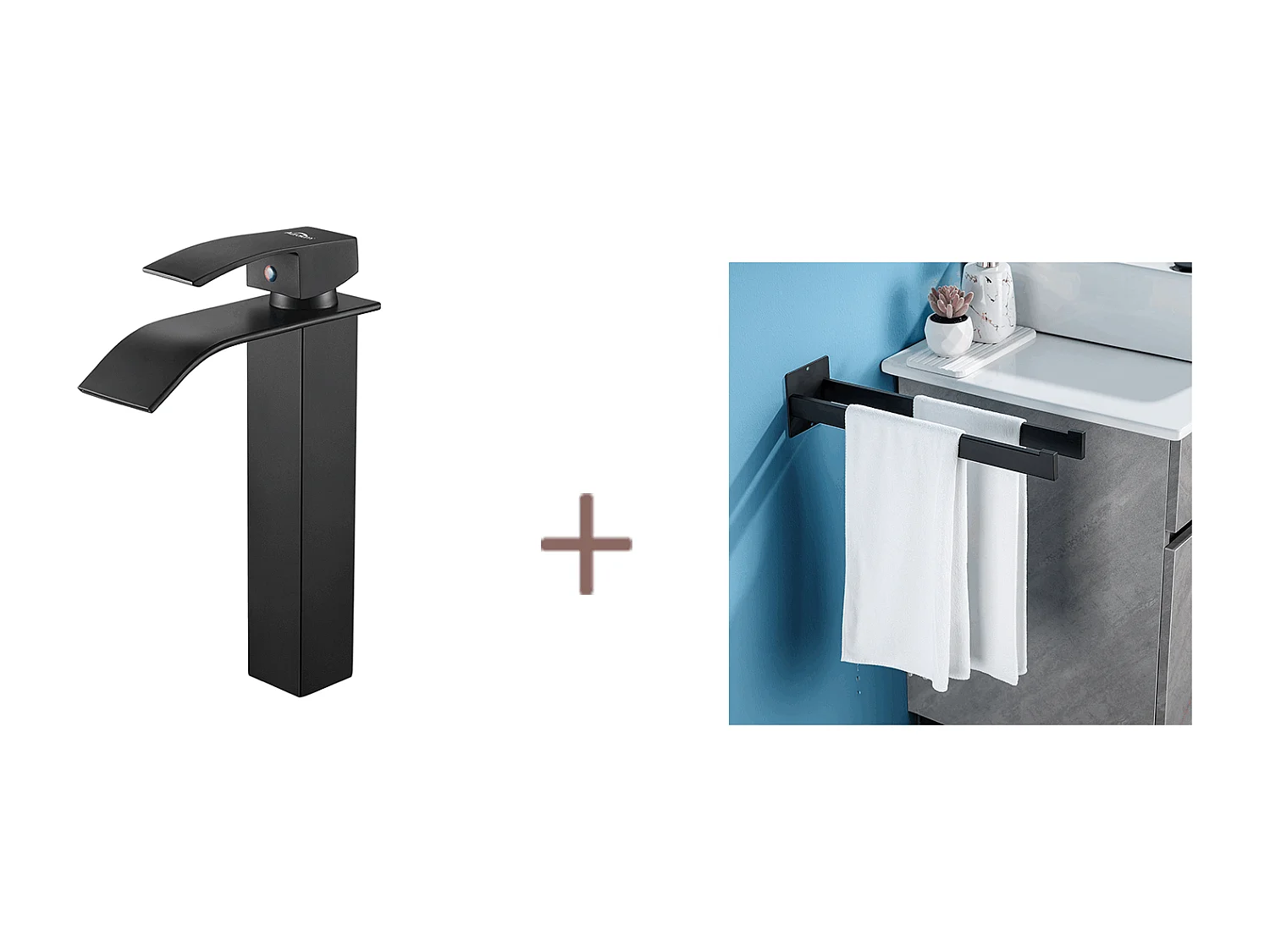 Auralum max Wastafelmengkraan Waterval Zwart + Handdoekhouder Badkamer Zelfklevend/Boren, Handdoekstangen, Roestvrij Staal, Zwart, 40 CM