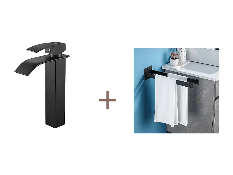 Auralum max Mitigeur Robinet de Lavabo Cascade Noir +Porte Serviette Salle Bain Adhésif/Perçage,Barres Porte Serviettes,en Inox,Noir,40 CM