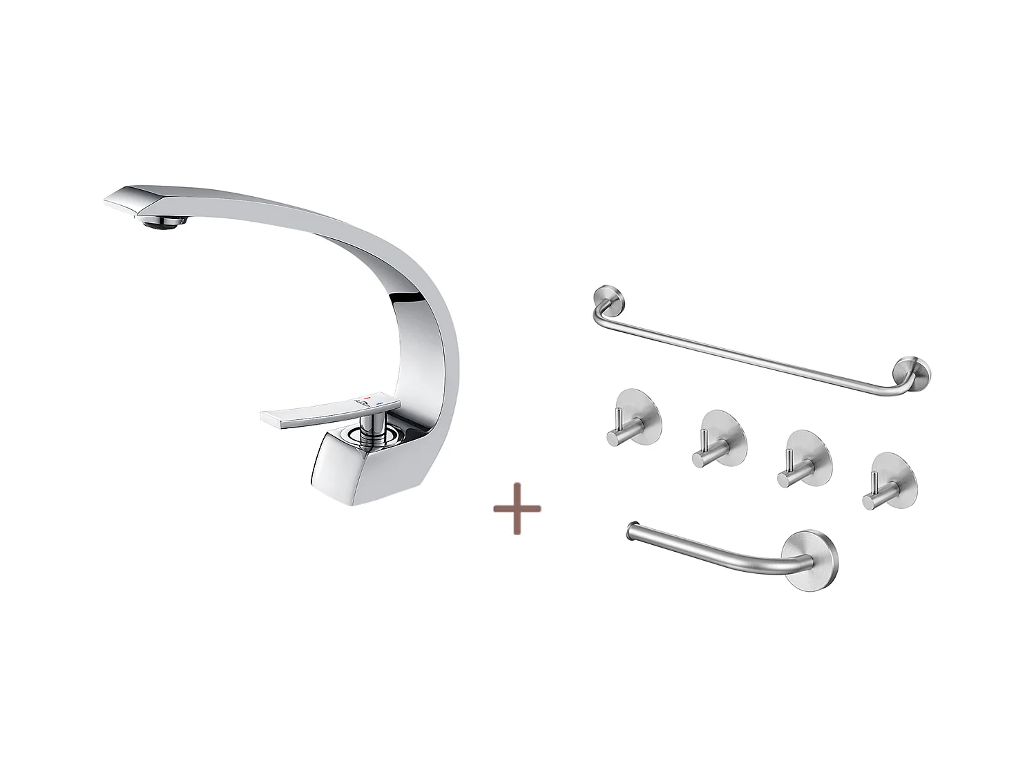 Auralummax Arc messing wastafelmengkraan met één gat met demonteerbare schuimser + badkamersetIn Accessoire 6 Stuks,Zelfklevend/boren,Roestvrijstalen,Geborsteld
