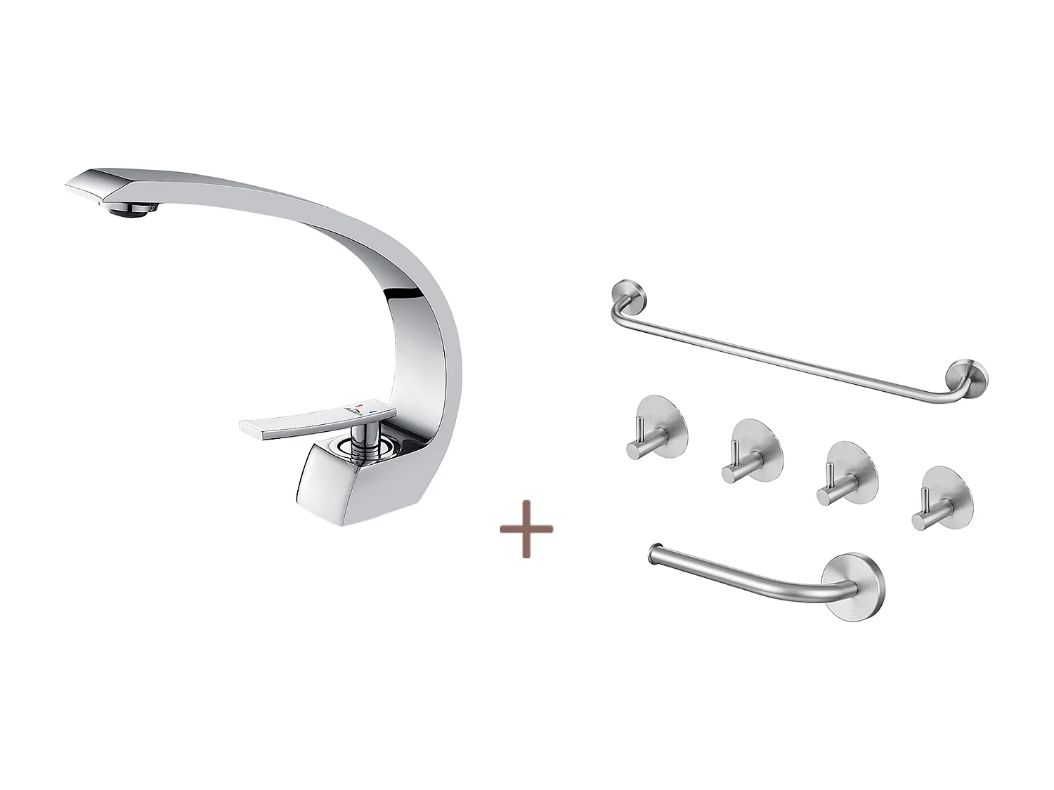 Auralummax Arc Mitigeur Lavabo en Laiton Monotrou avec Mousseur Démontable+Ensemble Salle Bain Accessoire 6 Pièces,Auto-adhésif/percer,Inox,Brossé