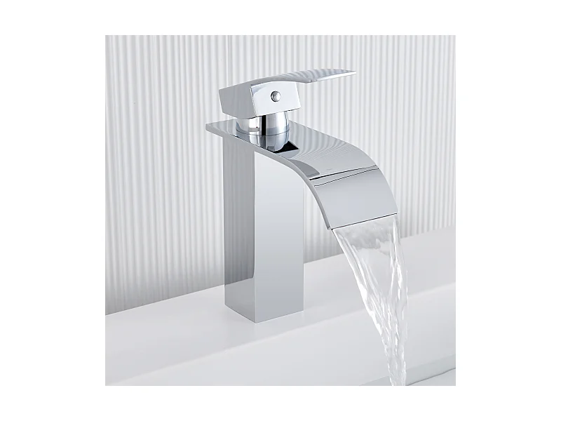 Auralum Max Chrom-Waschtischarmatur mit Wasserfall, Badezimmerarmatur mit Kalt-/Warmwasser, hochwertige Mischbatterie aus 304 Edelstahl