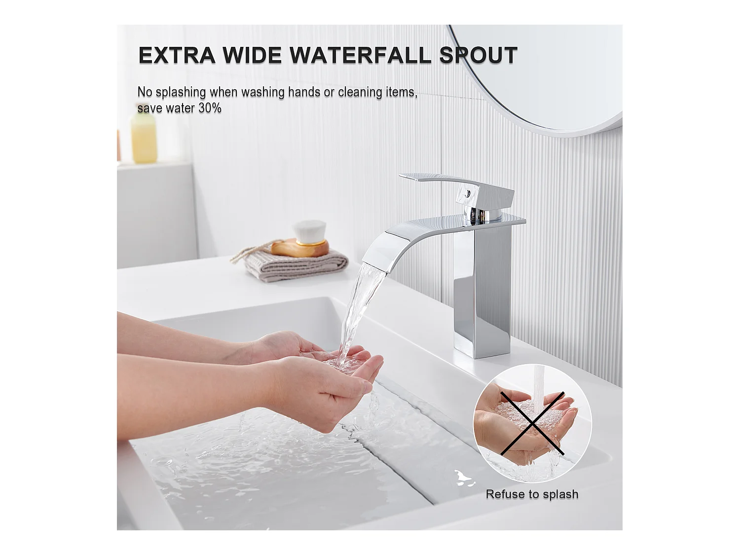 Auralum Max Chrom-Waschtischarmatur mit Wasserfall, Badezimmerarmatur mit Kalt-/Warmwasser, hochwertige Mischbatterie aus 304 Edelstahl