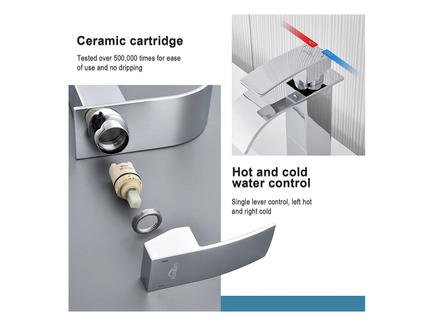 Auralum Max Chrom-Waschtischarmatur mit Wasserfall, Badezimmerarmatur mit Kalt-/Warmwasser, hochwertige Mischbatterie aus 304 Edelstahl