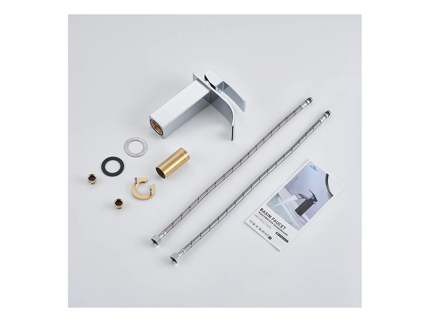 Auralum Max Chrom-Waschtischarmatur mit Wasserfall, Badezimmerarmatur mit Kalt-/Warmwasser, hochwertige Mischbatterie aus 304 Edelstahl