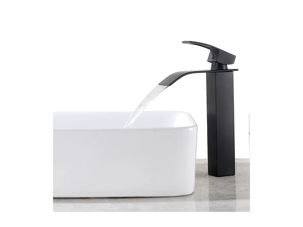 AuraLum Max Robinet Salle Bain Cascade Mitigeur Lavabo Salle Bain Haute Robinet Noir Carré en Laiton Eau Chaude/Froide Hauteur du Bec 273mm,EU Modèle