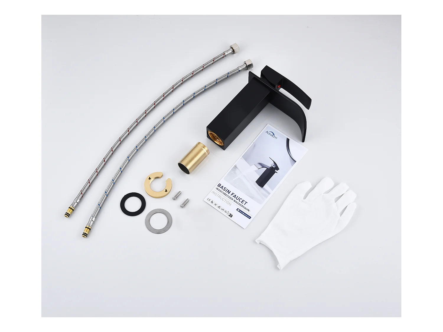 AuraLum Max Grifo Baño Cascada Mezclador Lavabo Baño Alto Grifo Negro Cuadrado en Latón Agua Caliente/Fría Altura del Caño 273mm G3 / 8,Modelo UE