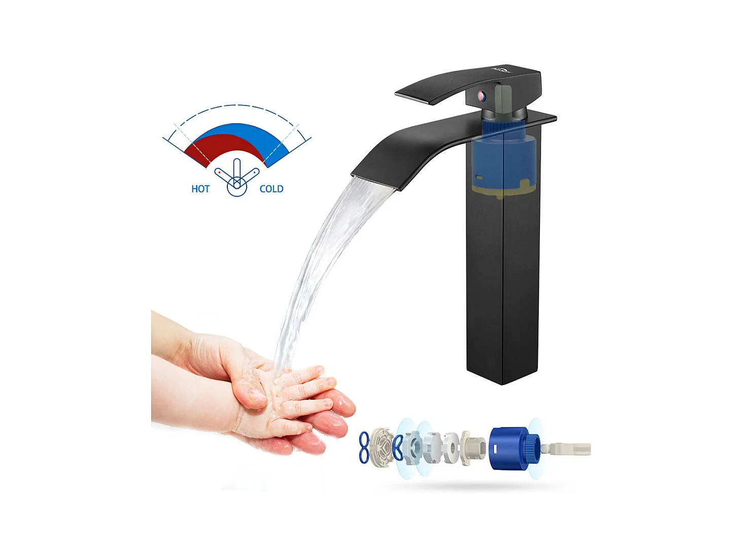 AuraLum Max Grifo Baño Cascada Mezclador Lavabo Baño Alto Grifo Negro Cuadrado en Latón Agua Caliente/Fría Altura del Caño 273mm G3 / 8,Modelo UE