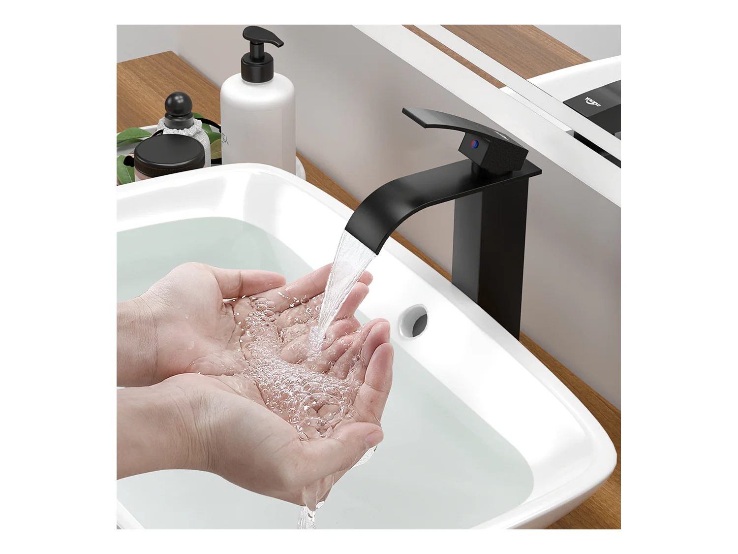 AuraLum Max Grifo Baño Cascada Mezclador Lavabo Baño Alto Grifo Negro Cuadrado en Latón Agua Caliente/Fría Altura del Caño 273mm G3 / 8,Modelo UE