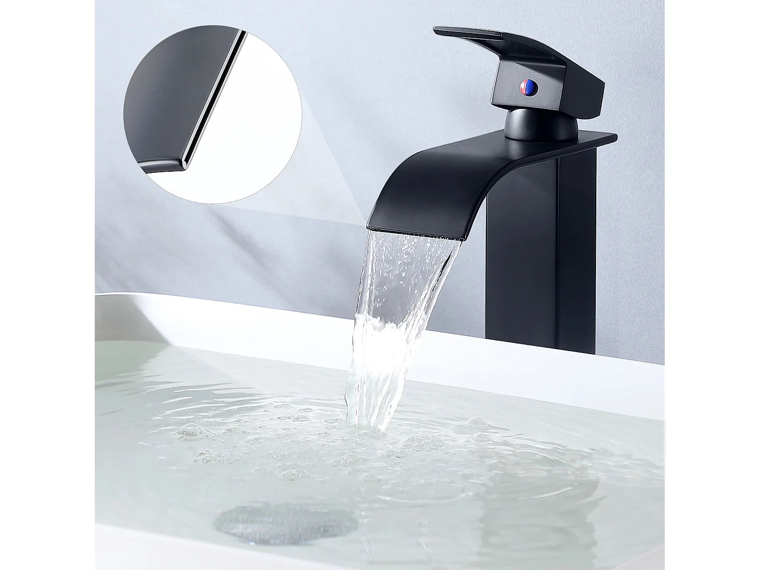 AuraLum Max Badkamerkraan Waterval Wastafelmengkraan Badkamer Hoge Zwarte Vierkante Messing Warm/Koud Water Uitloophoogte 273mm,EU Model