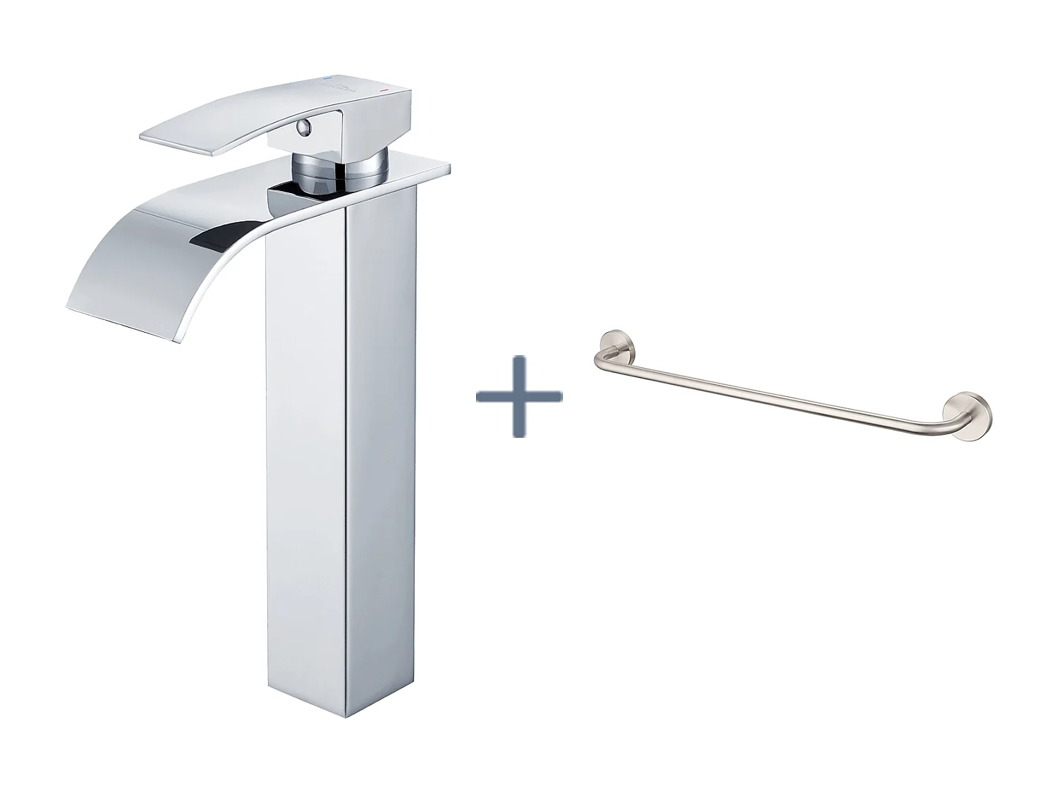 Auralum Max Wasserfall-Waschtischarmatur, hohe Waschtisch-Mischbatterie, Edelstahl, Chrom + 60 cm selbstklebende Badezimmer-Handtuchstange/Bohrung, Edelstahl