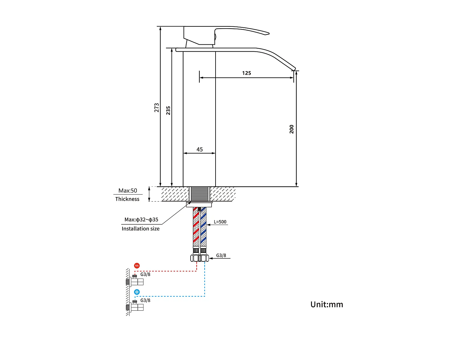 Auralum Max Wasserfall-Waschtischarmatur, hohe Waschtisch-Mischbatterie, Edelstahl, Chrom + 60 cm selbstklebende Badezimmer-Handtuchstange/Bohrung, Edelstahl
