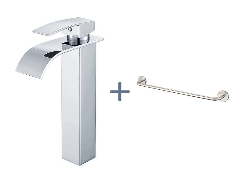 AurAlum Max Watervalkraan voor Wastafel, Hoge Wastafelmengkraan, RVS, Verchroomd + 60cm Handdoekhouder Badkamer Zelfklevend/Boren, RVS