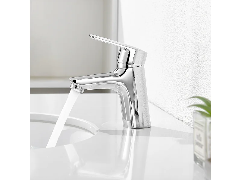 Badezimmer-Wasserhahn, wassersparender Belüfter, mit Ablaufloch, für kaltes/warmes Wasser, einfache Installation/Reinigung, Größe S, Chrom