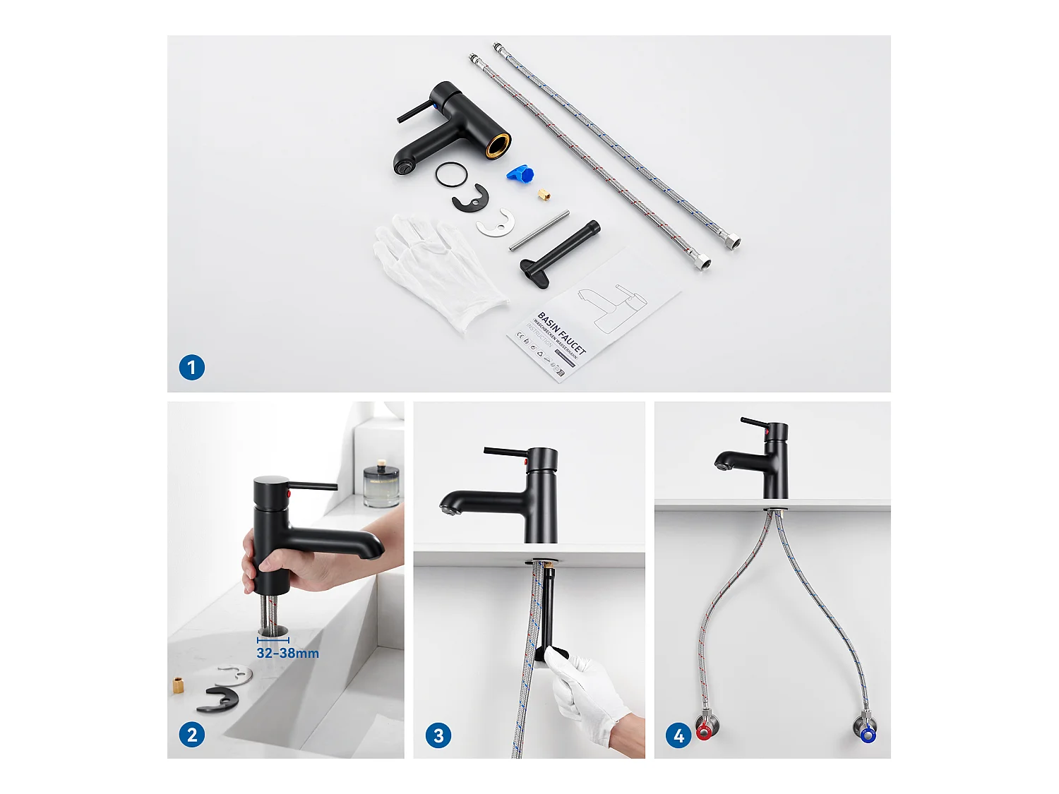 2 stks Wastafelkraan Zwart met Flexibele Aansluiting, Wastafelmengkraan Badkamer Mixer Koud/Warm Water met Tuitloop Hoogte 134mm Voor WC