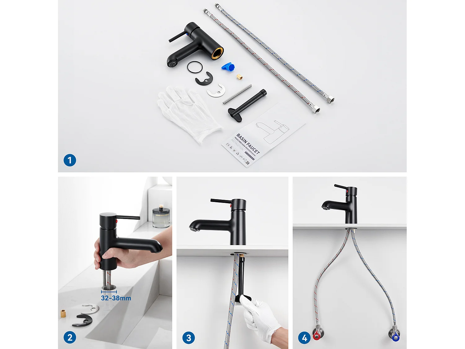 2 stks Wastafelkraan Zwart met Flexibele Aansluiting, Wastafelmengkraan Badkamer Mixer Koud/Warm Water met Tuitloop Hoogte 134mm Voor WC