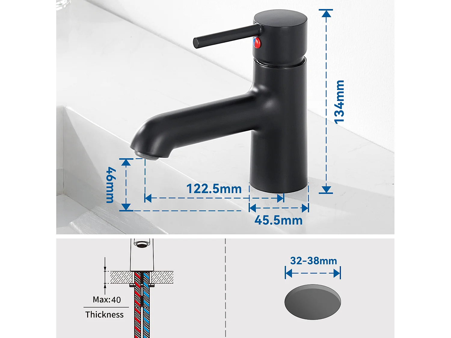 2 stks Wastafelkraan Zwart met Flexibele Aansluiting, Wastafelmengkraan Badkamer Mixer Koud/Warm Water met Tuitloop Hoogte 134mm Voor WC