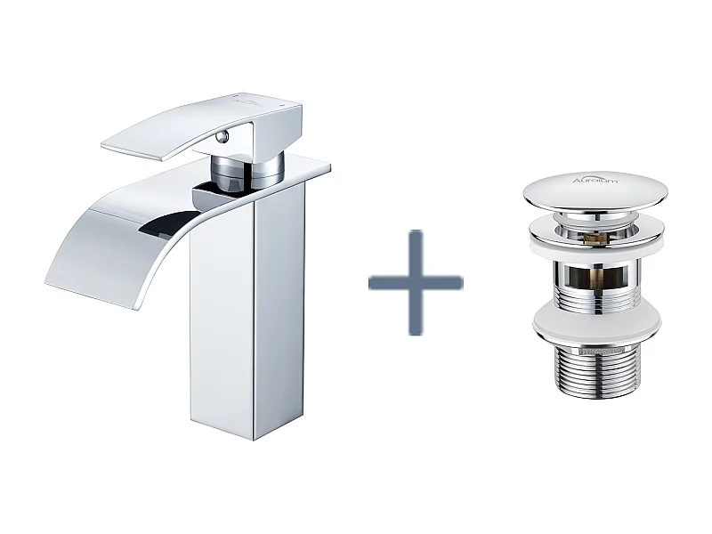 Auralum Max Robinet de Lavabo Cascade Chromé,avec l'Eau Froide/Chaude, en Inox 304+Bonde Lavabo Bonde Pop-up avec Trop-plein Automatique Universelle