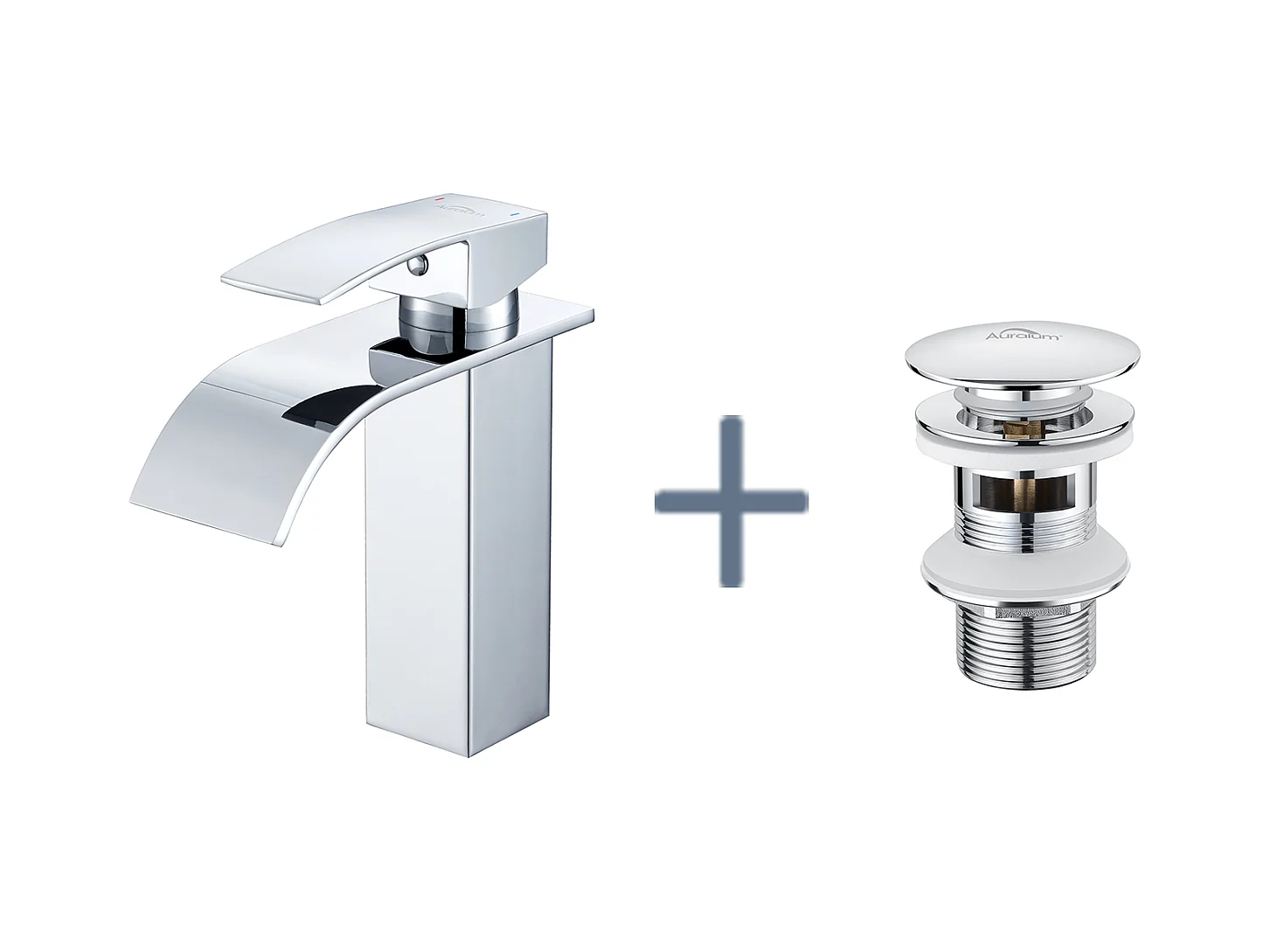 Auralum Max Robinet de Lavabo Cascade Chromé,avec l'Eau Froide/Chaude, en Inox 304+Bonde Lavabo Bonde Pop-up avec Trop-plein Automatique Universelle