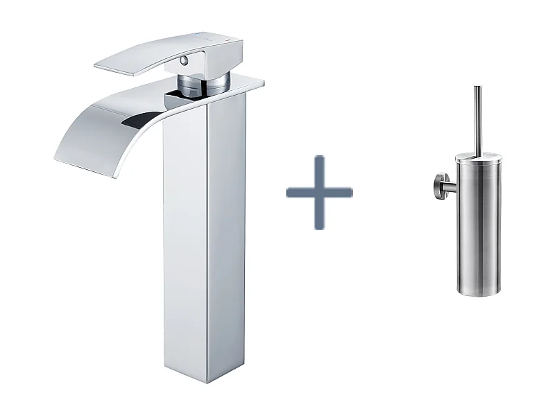 Auralum Max Robinet Cascade pour Vasque à Poser,Mitigeur Haut pour Lavabo,en Inox,Chromé+Porte Brosse Toilette Acier Inoxydable Brosse WC Mural