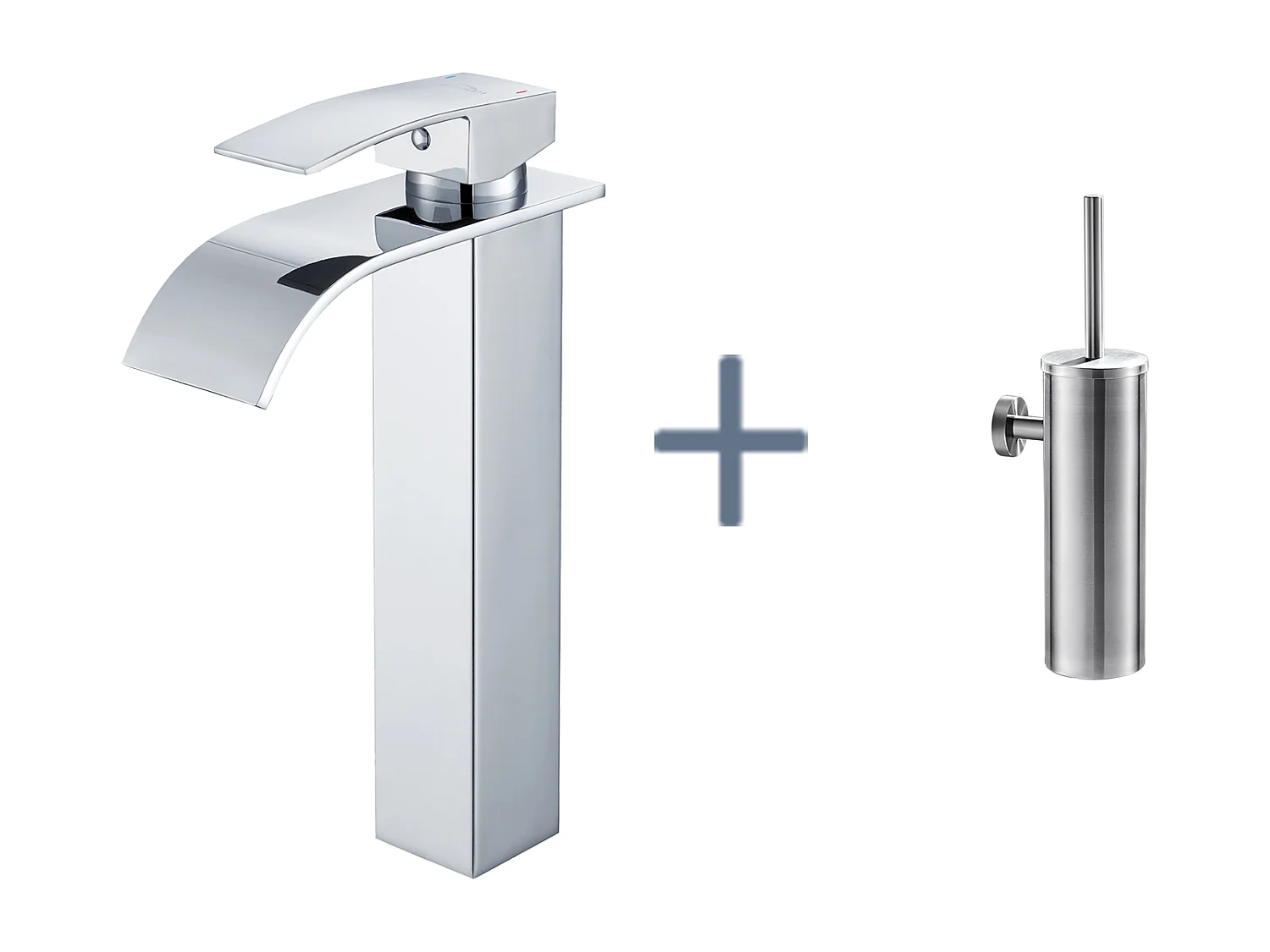 Auralum Max Robinet Cascade pour Vasque à Poser,Mitigeur Haut pour Lavabo,en Inox,Chromé+Porte Brosse Toilette Acier Inoxydable Brosse WC Mural