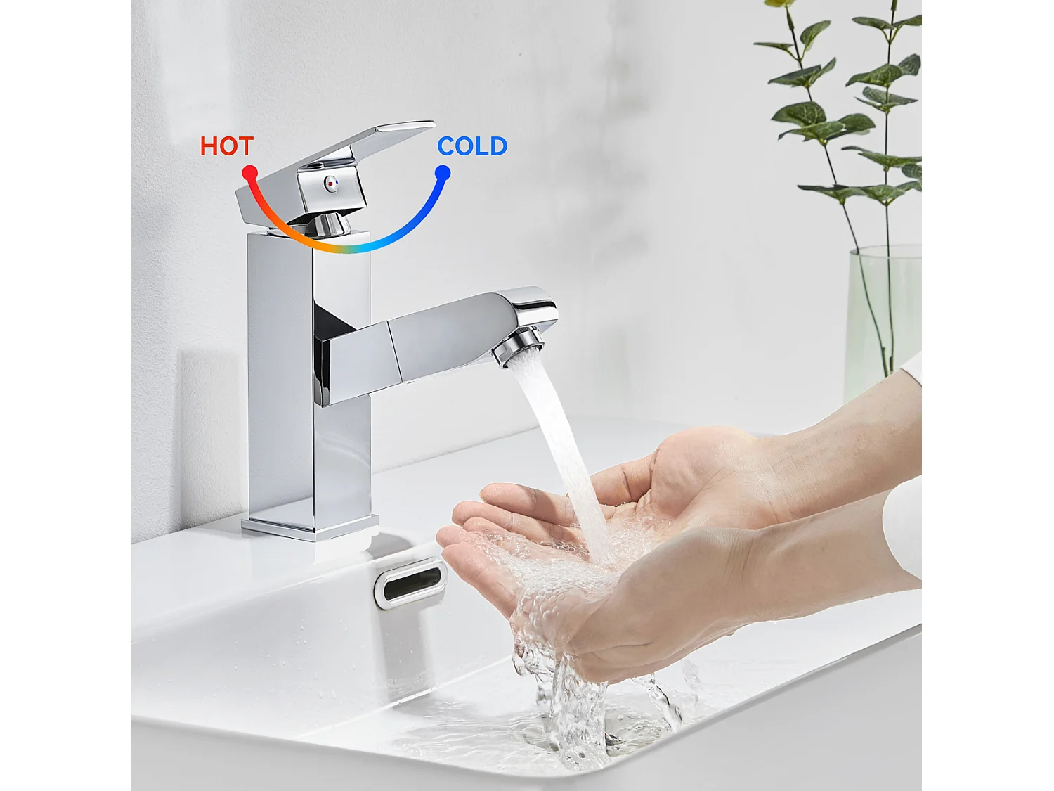 Grifo Lavabo con Ducha Extraíble, de Latón, Cromado, Agua Fría y Caliente + Puerta BrossE Inodoro Acero Inoxidable Cepillo WC Pared