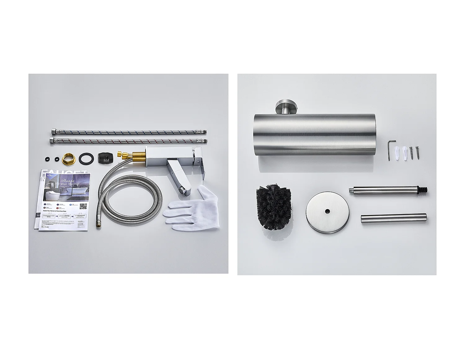 Wastafelkraan met uittrekbare douchekop,Messing, Verchroomd, Warm en Koud Water + Toiletborstelhouder Roestvrij Staal Toiletborstel Wandmontage