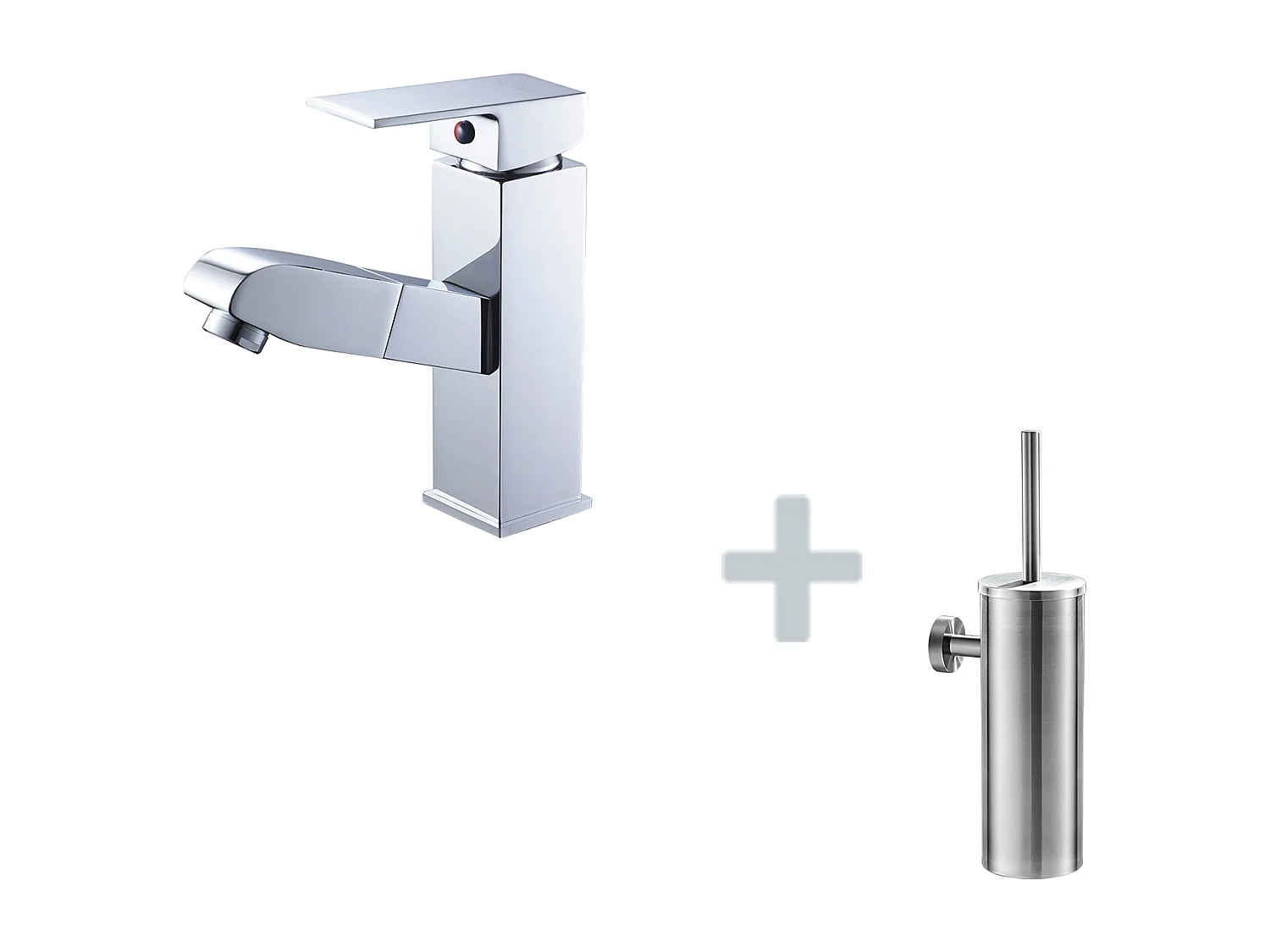 Robinet Lavabo avec Douchette Extractible,en Laiton,Chromé,Eau Froide et Chaude+Porte Brosse Toilette Acier Inoxydable Brosse WC Mural