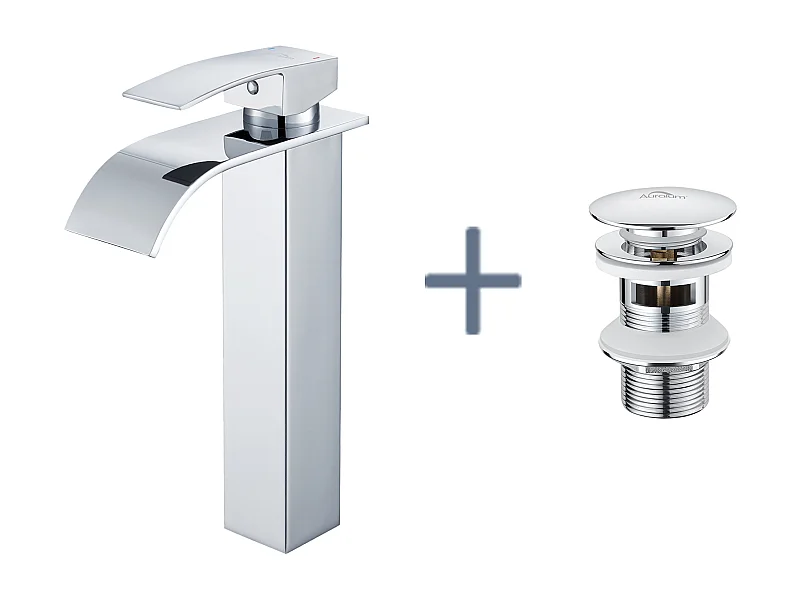 Robinet Cascade pour Vasque à Poser,Mitigeur Haut pour Lavabo,en Inox,Chromé+Bonde Lavabo Bonde Pop-up avec Trop-plein Automatique Universelle