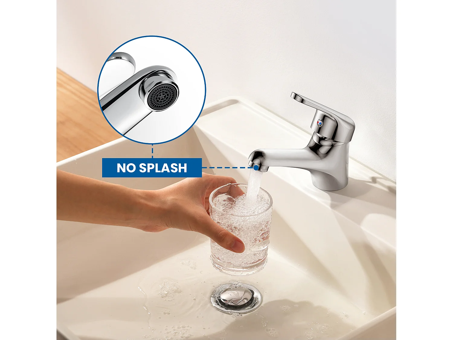 Auralum MAX Wastafelmengkraan met één gat zonder afvoergreep, badkamermengkraan verchroomd messing wastafelkranen afneembaar schuimschuimer