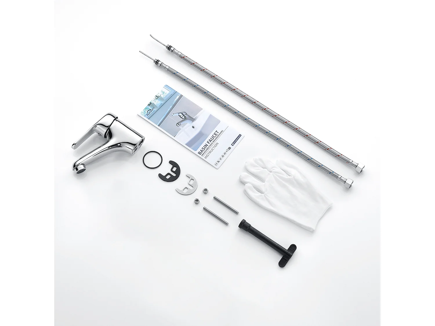 Auralum MAX Wastafelmengkraan met één gat zonder afvoergreep, badkamermengkraan verchroomd messing wastafelkranen afneembaar schuimschuimer