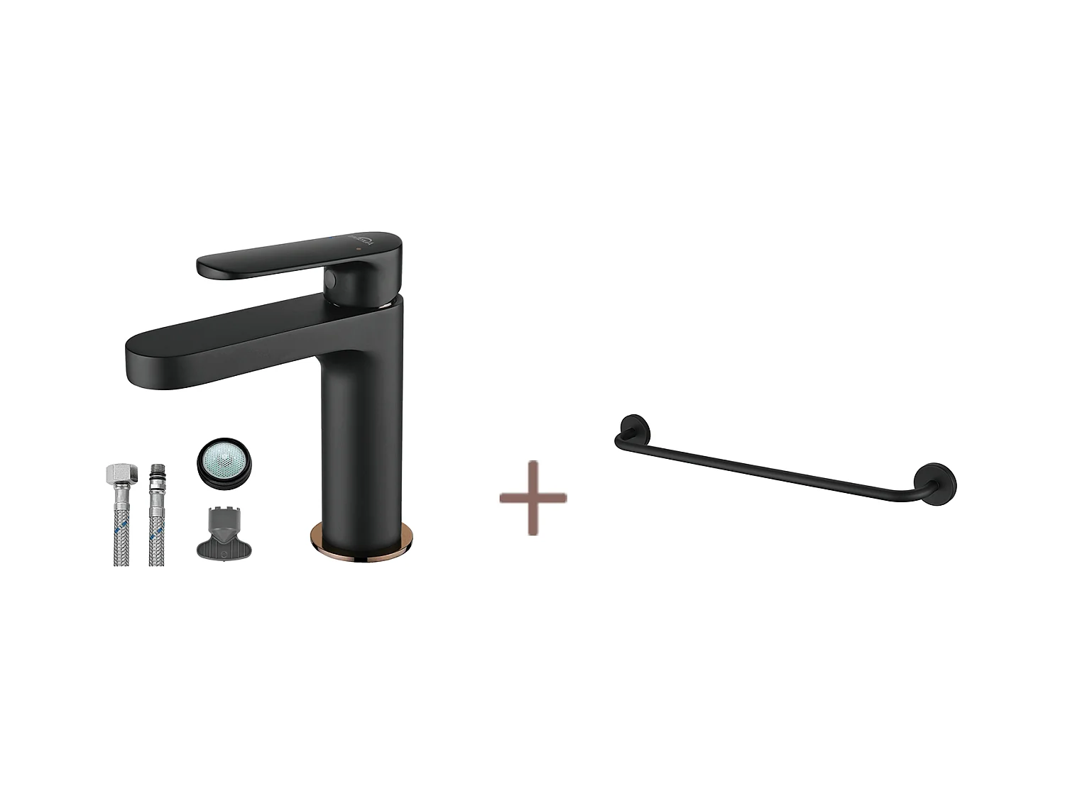Auralum max Robinet Salle de Bain,Noir,avec Mousseur Démontable+Porte-Serviettes de Salle de Bain,Auto-adhésif/ Perçage,60CM,en INOX 304