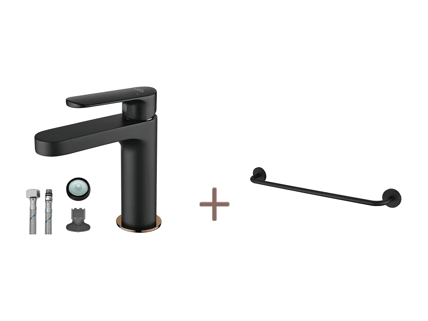 Auralum max Robinet Salle de Bain,Noir,avec Mousseur Démontable+Porte-Serviettes de Salle de Bain,Auto-adhésif/ Perçage,60CM,en INOX 304