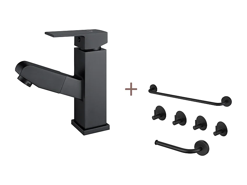 Waschtisch-Mischbatterie mit ausziehbarer Brause, schwarz, Höhe 187 mm + 6-teiliges Bad-Zubehör-Set, selbstklebend/bohrbar, Edelstahl, schwarz