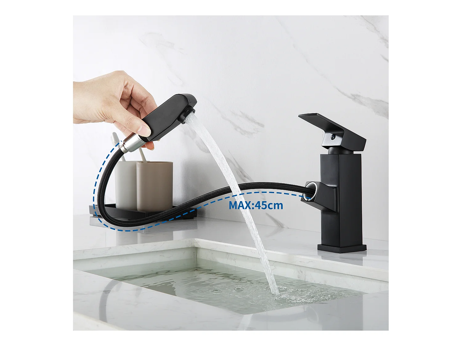 Grifo mezclador lavabo con ducha extraíble,negro,altura 187 mm + conjunto accesorios baño 6 piezas, autoadhesivo/perforador, acero inoxidable,negro