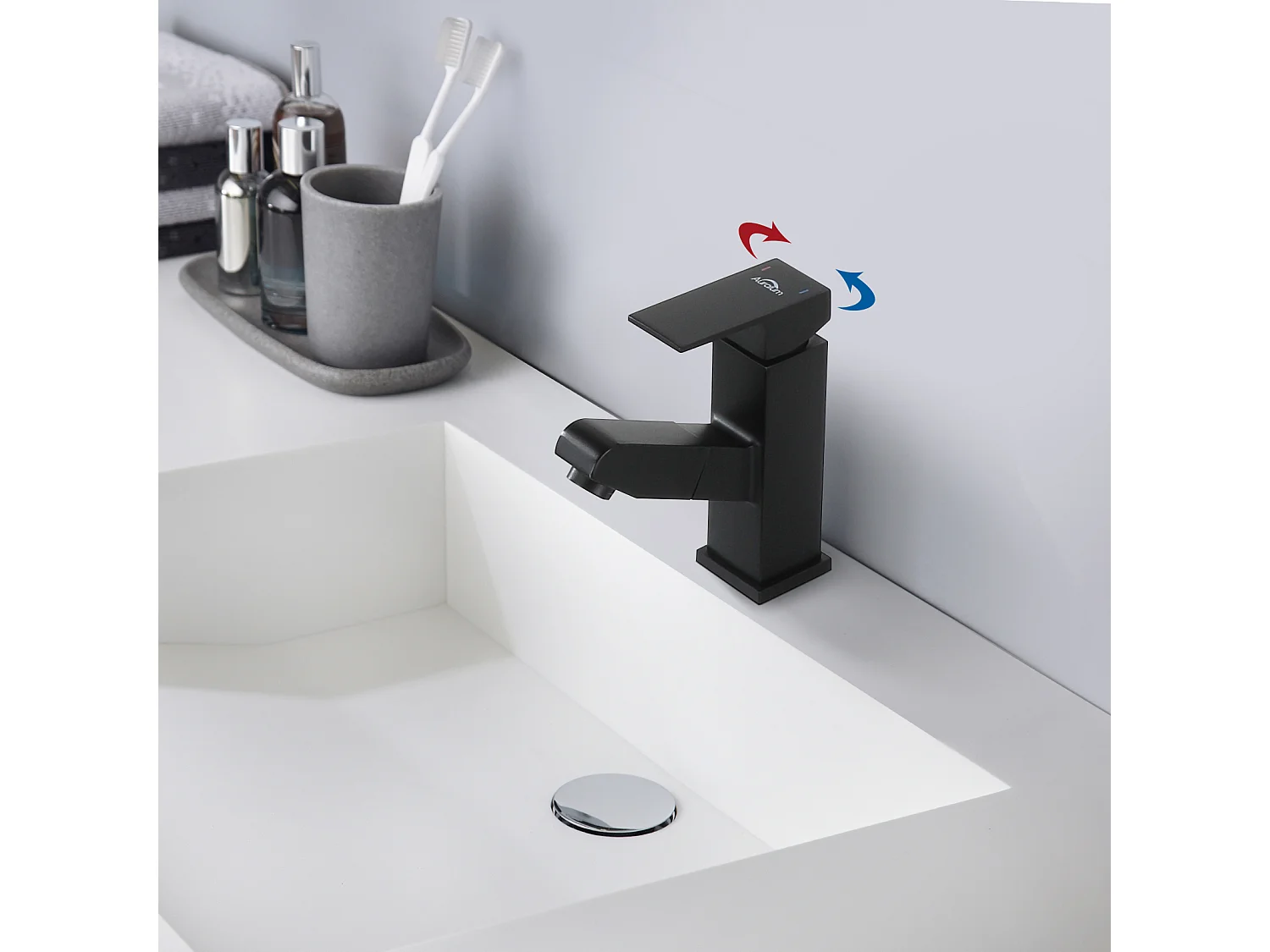 Grifo mezclador lavabo con ducha extraíble,negro,altura 187 mm + conjunto accesorios baño 6 piezas, autoadhesivo/perforador, acero inoxidable,negro