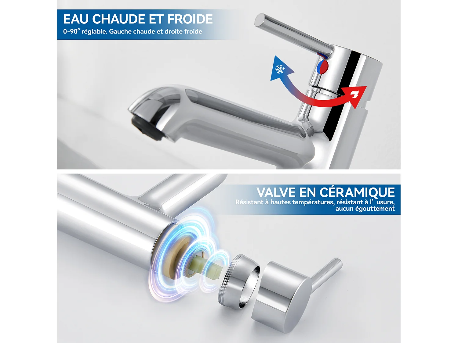 Robinet lavabo avec Flexible Raccordement,Mitigeur Salle Bain Eau Froide/Chaude+Ensemble Salle Bain Accessoire 6 Pièces,Auto-adhésif/percer,Inox