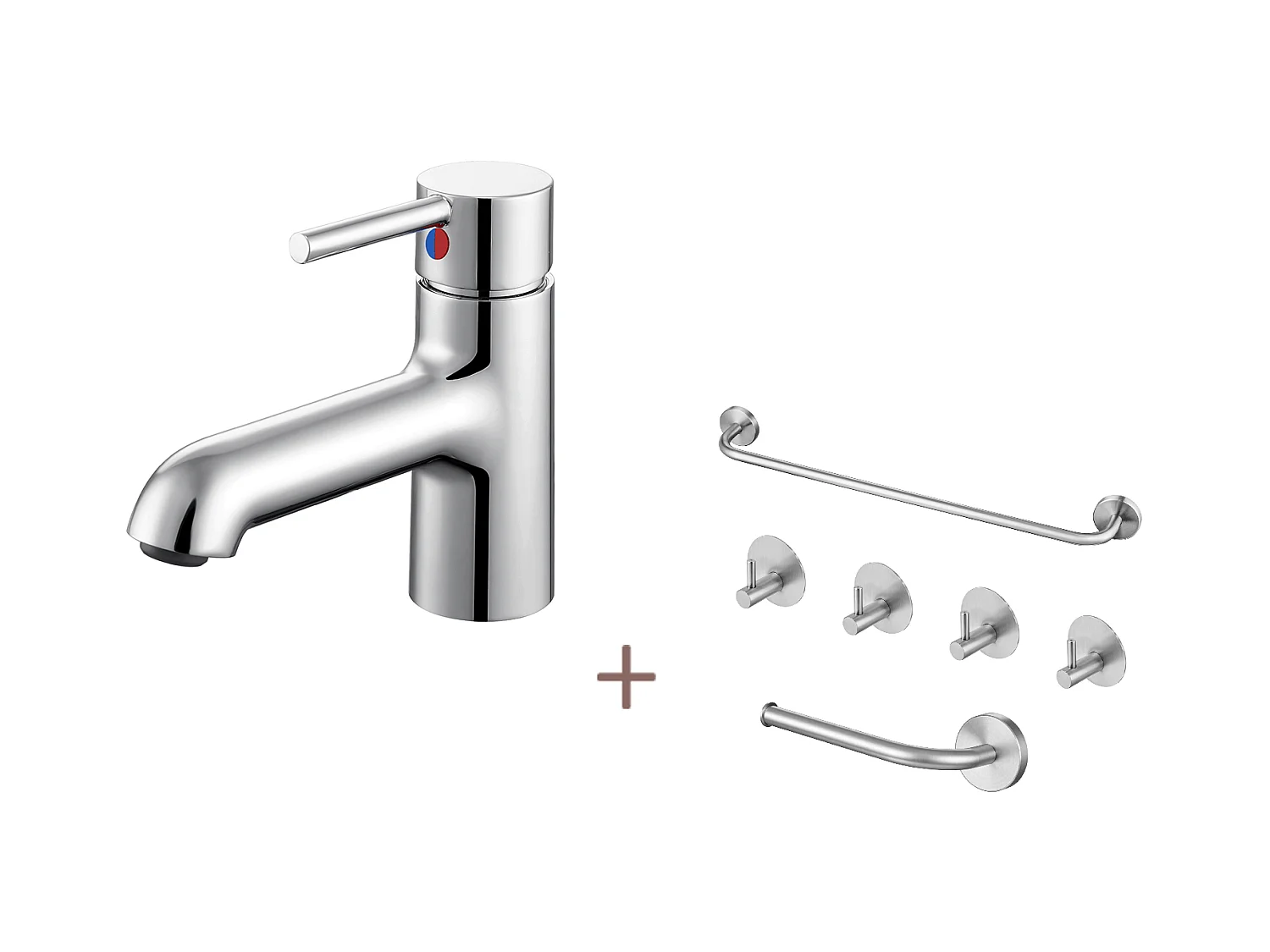 Rubinetto lavabo con collegamento flessibile,miscelatore bagno acqua fredda/calda+set bagno accessorio 6 pezzi, autoadesivo/foratura,inossidabile
