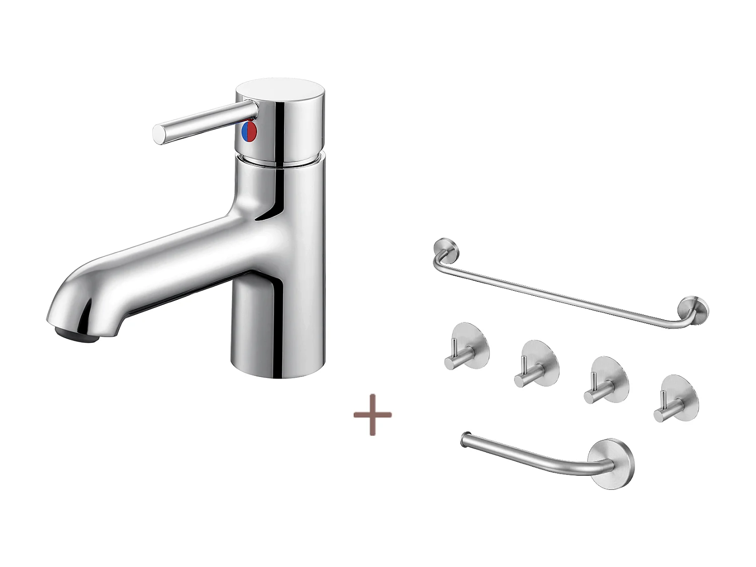 Waschbeckenarmatur mit flexiblem Anschluss, Kalt-/Warmwasser-Badarmatur + 6-teiliges Bad-Zubehör-Set, selbstklebend/bohrbar, Edelstahl