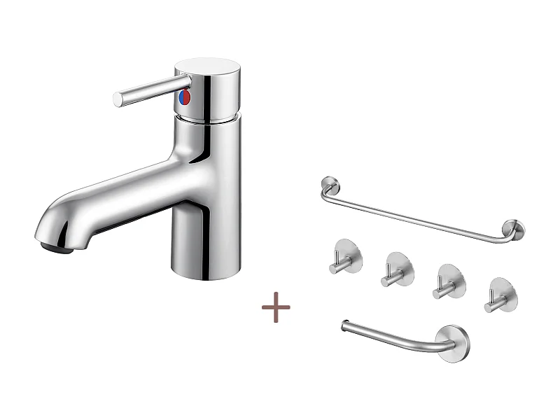 Robinet lavabo avec Flexible Raccordement,Mitigeur Salle Bain Eau Froide/Chaude+Ensemble Salle Bain Accessoire 6 Pièces,Auto-adhésif/percer,Inox