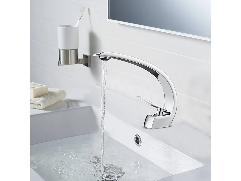 Chrom-Waschtischarmatur, Einhebel-Waschtischmischer, Messing, Einloch-Waschbeckenarmatur, Arbeitsplatte, heißes und kaltes Wasser, EU-Modell