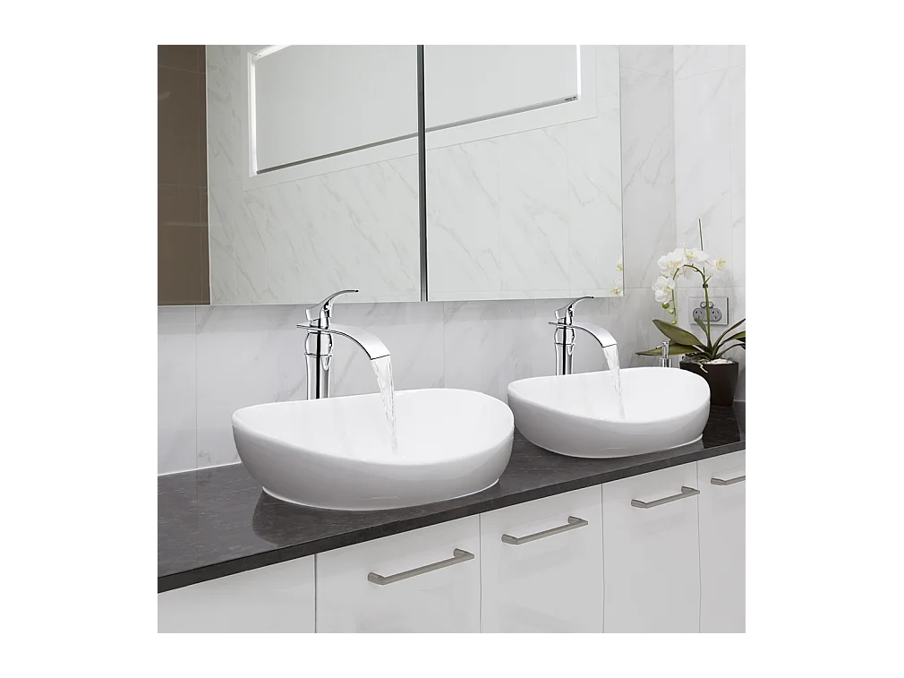 AuraLum Max Robinet de Lavabo Cascade Haut Bec Mitigeur Eau Froide et Chaude pour Vasque, Robinet Design Moderne en Laiton Chromé,EU Modèle