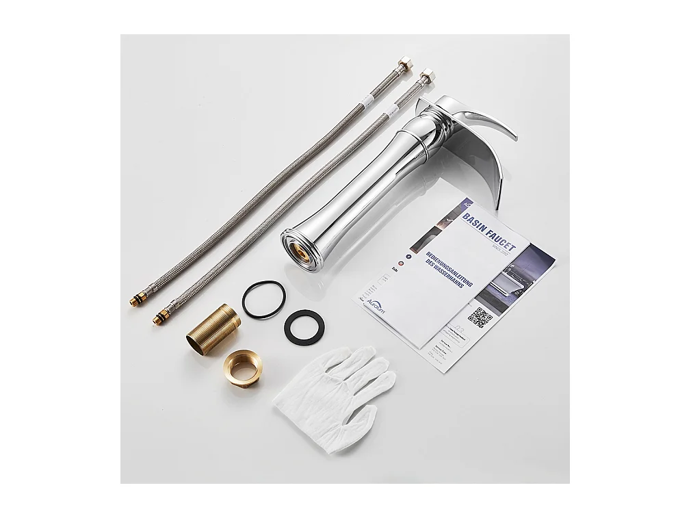 AuraLum Max Wastafelkraan Waterval Hoge Uitloop Koud en Warm Watermengkraan voor Wastafel, Moderne Design Kraan in Verchroomd Messing, EU Model