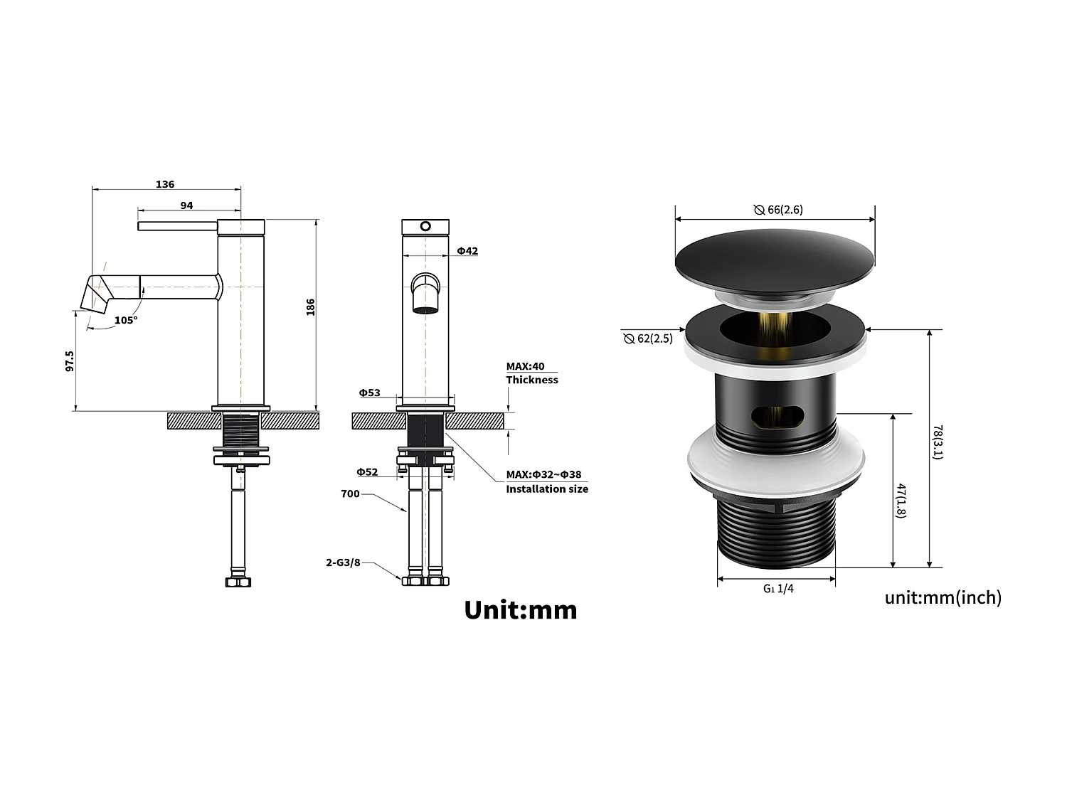 Mitigeur de Lavabo Doré Rotatif à 360°,Eau Chaude/Froide,Barboteur Démotable+Bonde Lavabo Bonde Pop-up avec Trop-plein Automatique Universelle,Noir