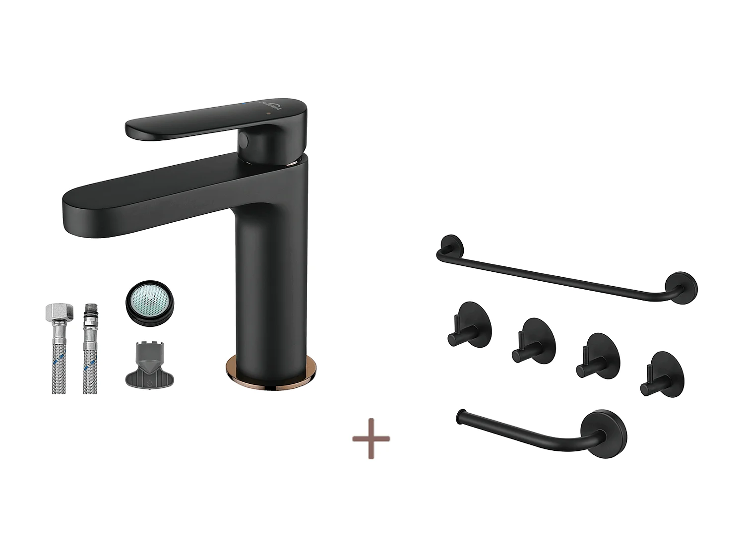 Auralum max Robinet Salle de Bain,Noir,avec Mousseur Démontable+Ensemble Salle Bain Accessoire 6 Pièces,Auto-adhésif/percer,Inox,Noir