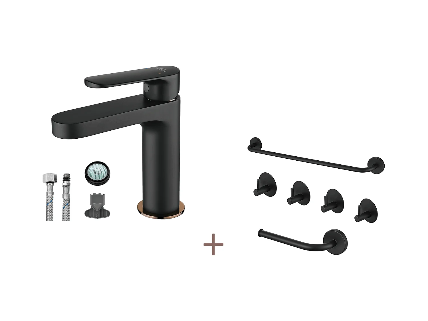 Auralum max Badkamerkraan,Zwart,met Demonteerbare Schuimer+6-delige Badkamer Accessoire Set,Zelfklevend/boren,Rvs,Zwart