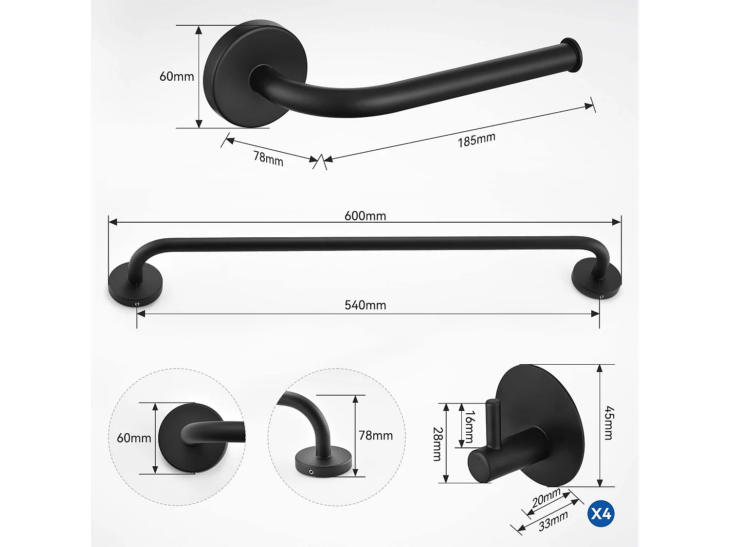 Auralum max Robinet Salle de Bain,Noir,avec Mousseur Démontable+Ensemble Salle Bain Accessoire 6 Pièces,Auto-adhésif/percer,Inox,Noir