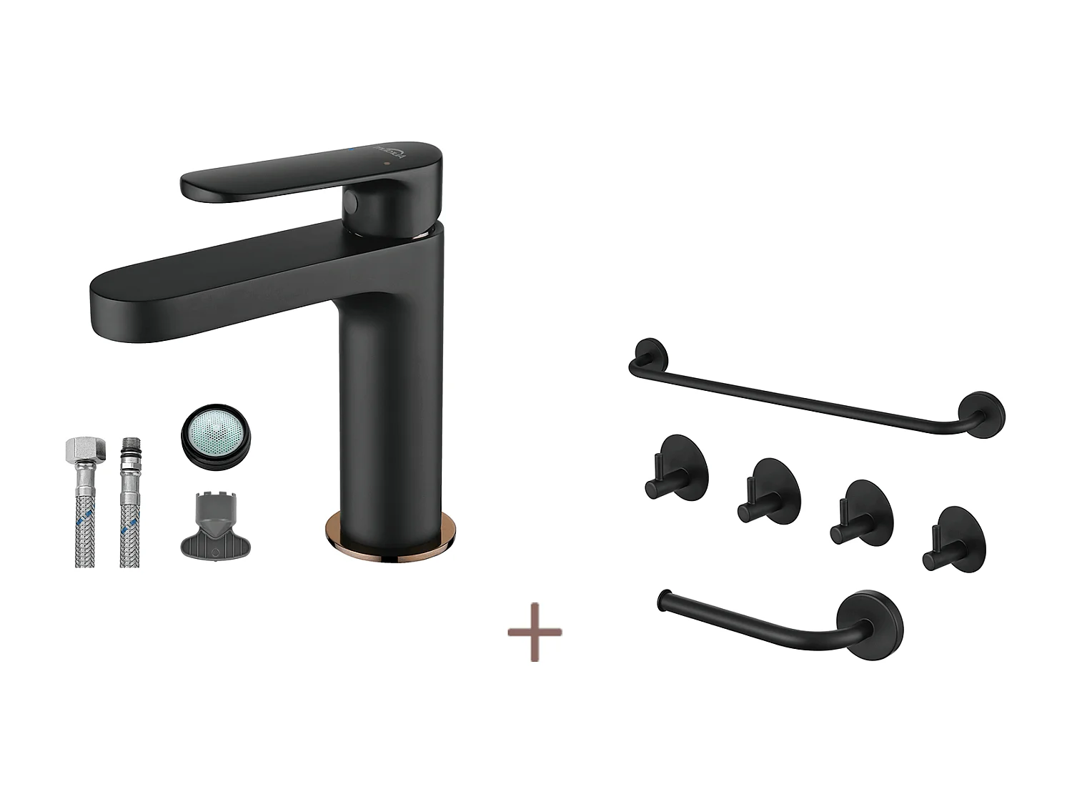 Auralum max Badkamerkraan,Zwart,met Demonteerbare Schuimer+6-delige Badkamer Accessoire Set,Zelfklevend/boren,Rvs,Zwart